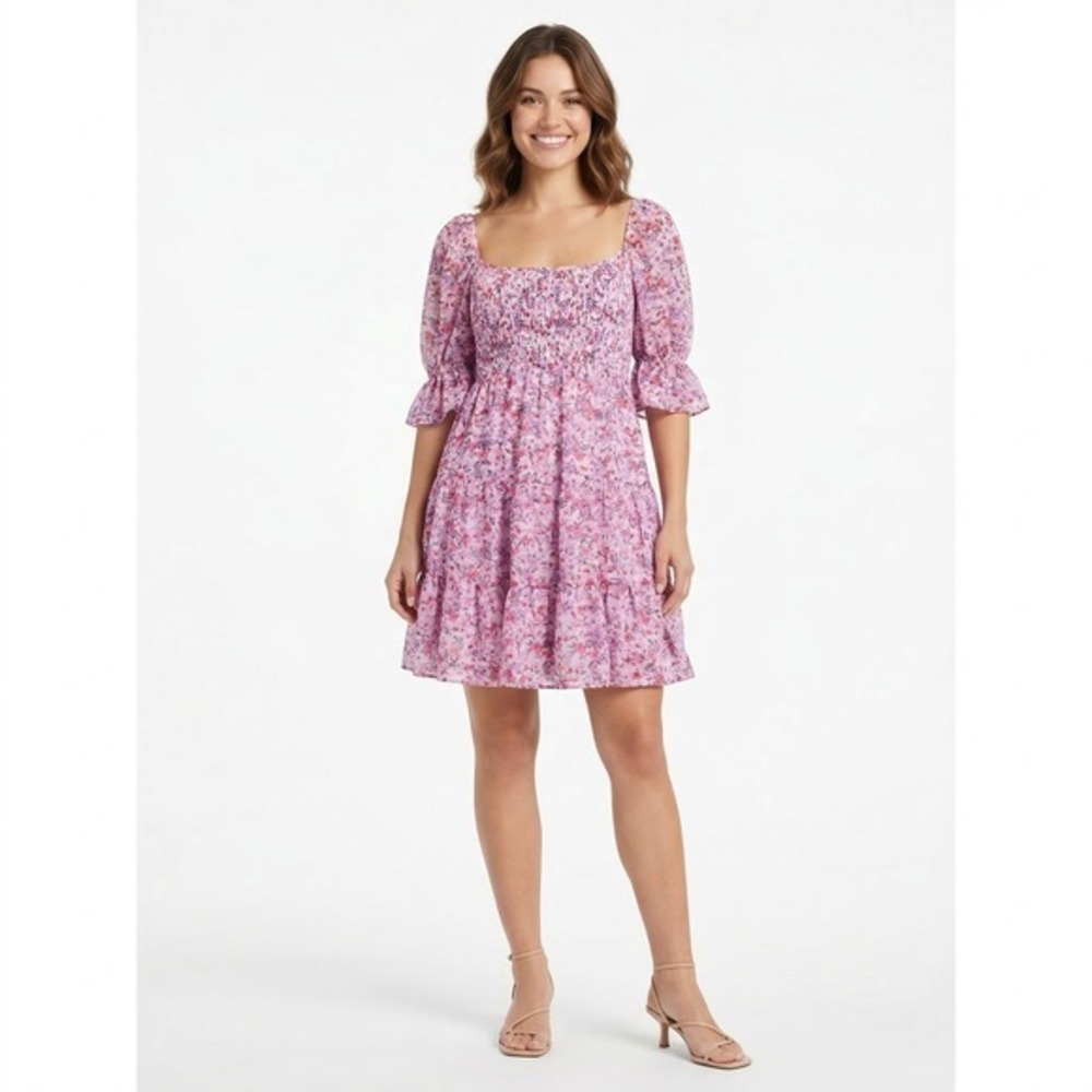 Olive & Leaf Rose Floral Smocked Mini Dress Pink Purple‎ HD1627 Large NWT Boho